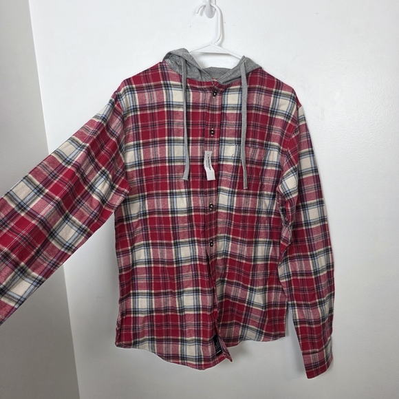 NEW RSQ Red Cream Plaid Button Up Hooded Outdoor Flannel Jacket Size Small - Picture 2 of 10